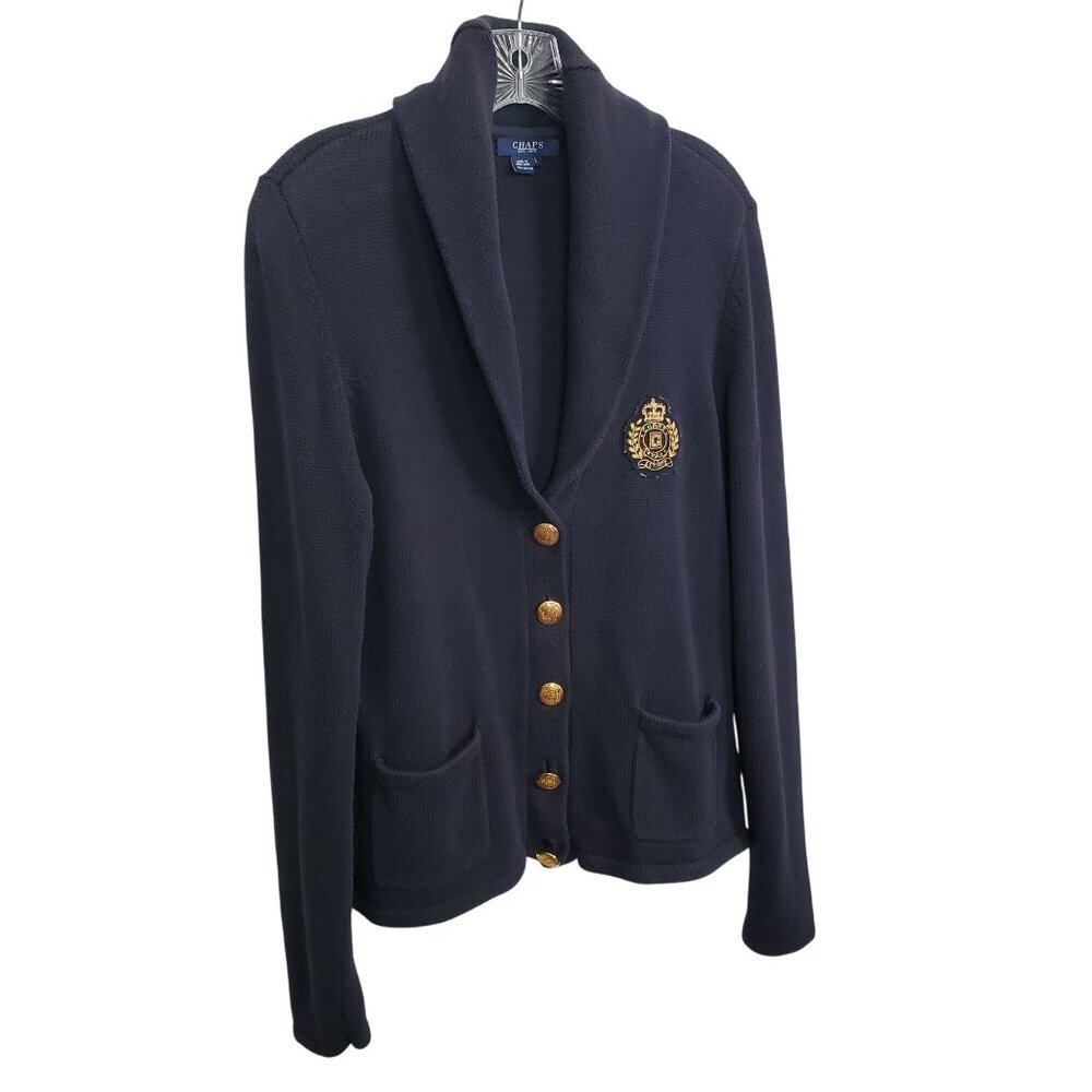Chaps Womens Size L Cardigan Cotton Sweater Shawl Collar Gold Buttons Crest Navy - Picture 1 of 12